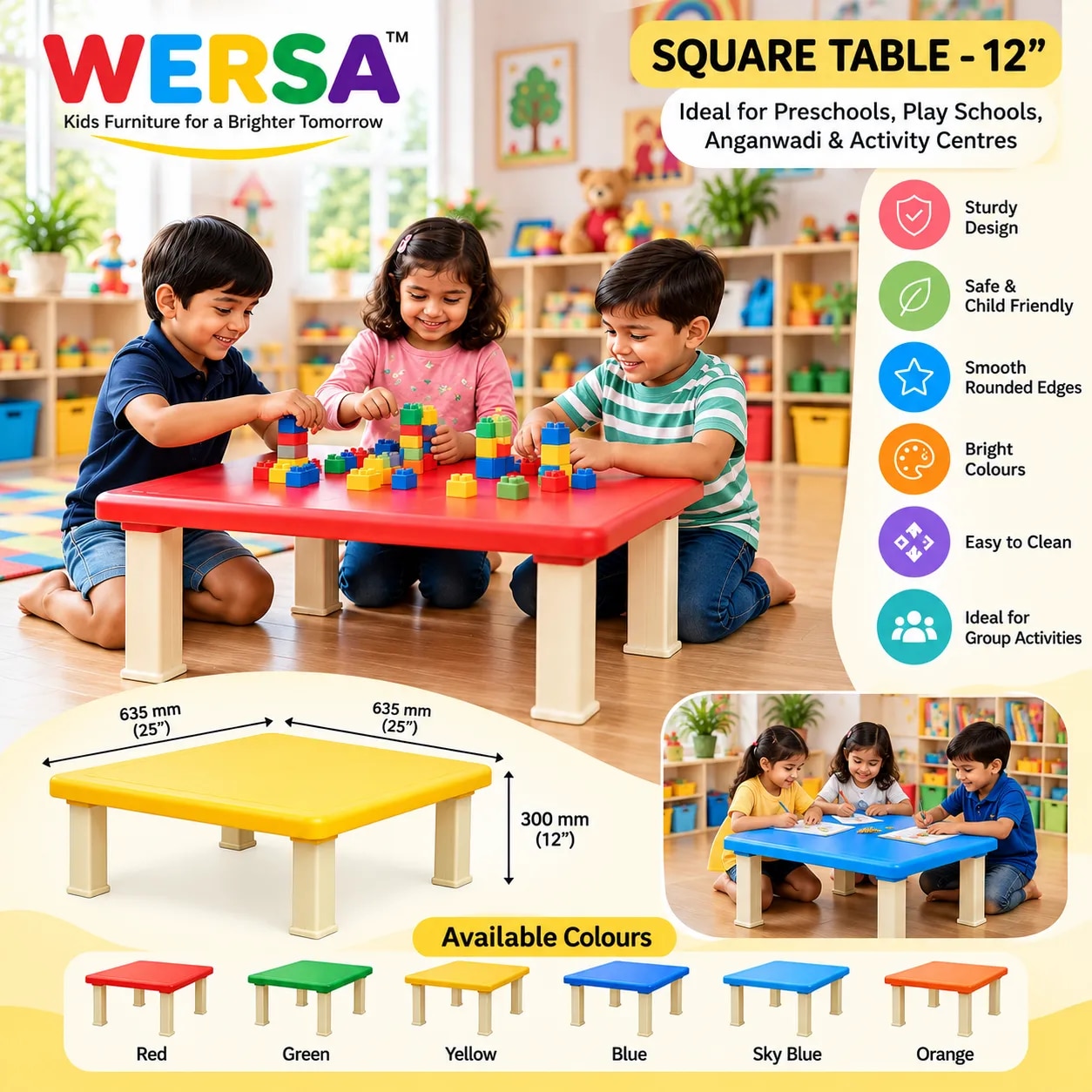 12 Inch Plastic Square Kids Table | WERSA Preschool & Play School Table image 1