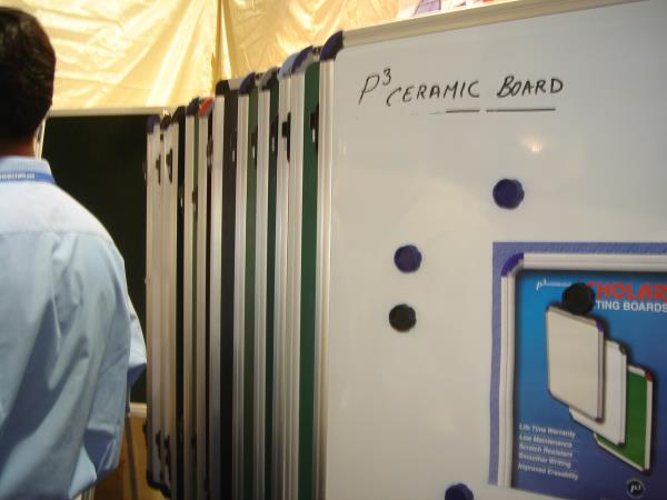 Steel Ceramic magnetic writing white board with anodized aluminum frame all round having scratch resistant, unbreakable and surface material imported MATERIAL .  Usable for writing, display  purpose    (Warranted for 10  years for WRITING surface)