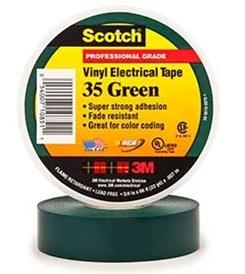 Scotch® Vinyl Electrical Tape 35 is a 7-mil thick polyvinyl chloride (PVC) color-coding tape. It operates over a wide range of temperatures – between 32–220°F (0–105°C). Outstanding electrical and mechanical properties make this tape excellent for use in phase identification, color coding of motor leads and piping systems, and for marking safety areas.• 7-mil thick polyvinyl chloride (PVC) color-coding tape• Temperature range of 32–220°F (0–105°C)• Excellent for use in phase identification, color coding of motor leads and piping systems, and for marking safety areas• Abrasion- and weather-resistant• Flame-retardant; resists UV rays, abrasion, moisture, alkalies, solvents, many acids• Stretches to conform to virtually any shape• UL Listed and CSA Certified