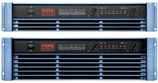 POWER AMPLIFIER : MA Series Description The POPE Professional® MA-7200 is 2U and MA-8200 is 3U, high performance power amplifier designed to meet the most stringent needs of professional use in concert touring, high quality sound reinforcement and professional fixed installations. This amplifier is fully comparable with the other Professional Series amplifiers. Features Enhanced protection Precise power amp output 4 forced air cooling fans system 2mm thick