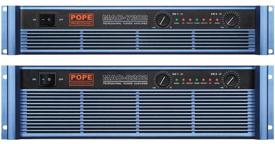 MAC Series Description The POPE Professional® MAC Series of Amplifiers are specially designed for professional sound and installation. It's unique design and powerful output can meet the requirement of any sound reinforcement project. Features CLASS H circuit to improve the power amplifier's efficiency, stability & decrease the temperature in operation. Short-circuit protection, over- temperature protection and DC protection. The fan with variable speed for cooling. Built-in compression function to prevent the power amplifier from distortion of over input. Application The MAC Series Amplifiers can use stadium, dance hall, concerts and touring live performances. Power Output Model MAC-3202 MAC-5202 MAC-7202 MAC-8202 Article No. #10013 #10014 #10015 #10016 2-ohm Dual (per ch.) 20 Hz - 20 kHz 950W 1, 300W 1, 900W 2, 700W 1 kHz 1, 150W 1, 600W 2, 400W 3, 000W 4-ohm Dual (per ch) 650W 950W 1, 300W 2, 000W 8-ohm Dual (per ch) 400W 600W 800W 1, 300W 4-ohm Bridge Mono 1, 900W 2, 800W 3, 800W 5, 800W 8-ohm Bridge Mono 1, 300W 1, 900W 2, 600W 4, 000W Guaranteed minimum power in watts at 20 Hz-20 kHz with 0.35% THD