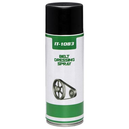 IT-1083   Adherent, colorless belt dressing spray. It stops squeaks & gives an instant grip. Its no-stick formula helps preserve belts and it is designed to meet belt manufacturers' guidelines for all flat-ribbed and V-belts. The product contains no chlorinated solvents or CFC's.Additional Information:Item Code: IT-1083