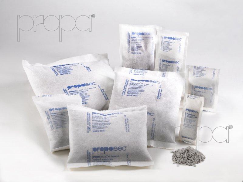 PROPASEC desiccant bags represent the most successful and safe solution to reduce the humidity level inside your packaging. PROPASEC reduces the dew point inside the package allowing to protect the product qualities and properties against humidity attack. PROPASEC desiccant bags are made by a natural mineral material which makes them a safe, environmentally friendly product. PROPASEC range can be supplied in bags, chains or panels according to FDA standard.Main applications:• Industrial packaging• Electronic equipment• Food packaging• Medical devices• Medical diagnostic equipment• Optical instruments