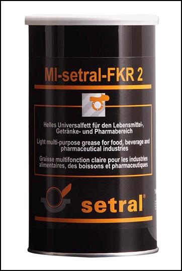 MI-setral-FKR 2 - Multi-Purpose Grease Additional information : Light multi-purpose grease for food, beverage and pharmaceutical industries. Uses:Long-term lubrication of rolling and plain bearings, armatures, tap cocks, joints, sliding surfaces, bearings and gears in food and beverage industries. Properties:•	NSF H1 registered•	Resistant to cold and hot water, alkaline solutions etc.•	Compatible with usual plastic and sealing materials•	Reduces wear and tear•	Excellent corrosion protection•	No gumming•	Neutral to beer foam - if properly applied•	Very good resistance to ageing Temperature range: - 15°C  to + 120°C
