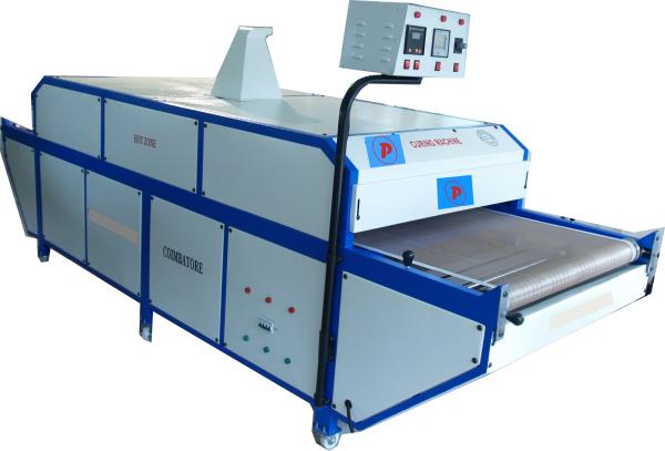 We are one of the renowned manufacturers of textile curing machines that are available in model no. PH2001.Designed in compliance with international quality standards these automatic curing machines are extensively used for curing plastisol, pigment, flock, hi-density foam, sticker, discharge and all types of inks. The textile curing machines is provided with non-stick Teflon conveyor belt and Digital AC Drive With AC motor with adjustable speed regulator for efficient performance. For easy movement of machines from one place to another it equipped with rolling wheels.Features :• Ceramic & IR type heater with insulation• Digital temperature controller with automatic temperature cut offBelt guide shaft to avoid irregular belt running bath We are one of the renowned manufacturers of textile curing machines that are available in model no. PH2001.Designed in compliance with international quality standards these automatic curing machines are extensively used for curing plastisol, pigment, flock, hi-density foam, sticker, discharge and all types of inks. The textile curing machines is provided with non-stick Teflon conveyor belt and DC motor with adjustable speed regulator for efficient performance. For easy movement of machines from one place to another it equipped with rolling wheels.Features :• Ceramic & IR type heater with insulation• Digital temperature controller with automatic temperature cut off• Belt guide shaft to avoid irregular belt running bath• Digital Ams meter & Voit meter 8 Frequency meter• Two parts Heater ON / OFF system• Exhaust chimney remove smoke and gas from heating chamberTechnical Specifications :• Size Walts Volts 2 Feet x 5 Feet 5000 W 415 V 3 Feet x 7 Feet 8000 W 415 V 3 Feet x 12 Feet 12000 W 415 V• Digital Ams meter & Voit meter 8 Frequency meter• Two parts Heater ON / OFF system• Exhaust chimney remove smoke and gas from heating chamberTechnical Specifications :Size Walts Volts 2 Feet x 5 Feet 5000 W 415 V 3 Feet x 7 Feet 8000 W 415 V 3 Feet x 12 Feet 12000 W 415 V
