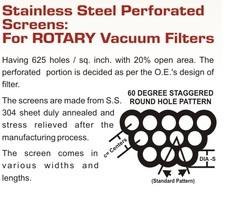 Having 625 holes/ sq. inch. with 20% open area. The perforated portion is decided as per the O.E.'s design of filter.The screens are made from S.S 304 sheet duly annealedd and stress relieved after the manufacturing process.The screen comes in various widths and lengths.
