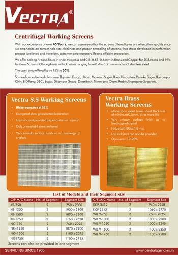 With our experience of over 45 Years, we can assure you that the screens offered by us are of excellent quality since we emphasize on correct hole size, thickness and proper annealing of screens, thus stress developed in perforation process is relieved and therefore, customer gets necessary life and efficient separation.We offer oblong holes in Stainless Steel 304 and 316  in  sheet thickness ranging from 0.4 mm to 0.5 mm, and also Brass Screens with oblong / round holes in sheet thickness 0.5, 0.55  and 0.6 mm.The open area offered  by us ranges from 19% to 30% depending on slot /hole size of the screen. Some of our esteemed clients are Thyssen Krupp, Uttam, Mawana Sugars, Bajaj Hindustan, Renuka Sugar, Balrampur Chini, EID Parry, DSCL Sugar, Dhampur Group, Dwarikesh, Triveni and Olam, Prabhulingehswar Sugar etc.