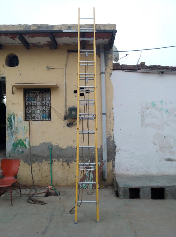 AQPC MODEL No:1009 “AQPC” FRP Extension Wall Rescinding Ladder out of Extruded, Tested QualityFRP Section of size 84mm x30mm x4mm thick approx. with steps made of 25mm (1”) dia approx. FluitedALUMINIUM Pipe at required distance of 12” (300MM) Span Complete With Casted Aluminium housingcontaining aluminium Pulley, good quality. Sisal/Nylon rope, self locking arrangements and fitted with rubbershoes at both the ends, top and bottom to make the Ladder non-slippery and durable. The width of the Outer Ladderis not less than 300mm latest Amendments.
