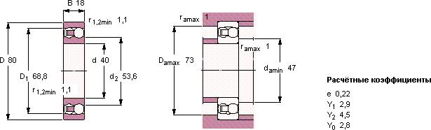 1208ETN9 | SKF Self Aligning Ball BearingCalculation dataBasic dynamic load rating C 19.9 kNBasic static load rating C0 6.95 kNFatigue load limit Pu 0.36 kNReference speed 18000 r/minLimiting speed 11000 r/minPermissible angular misalignment α 2.5 °Calculation factor kr 0.04 Calculation factor e 0.22 Calculation factor Y0 2.8 Calculation factor Y1 2.9 Calculation factor Y2 4.5 MassMass bearing 0.42 kgFor additional information about the meaning and limitations of the product data, refer to Self-aligning ball bearings and Principles of bearing selection and application.