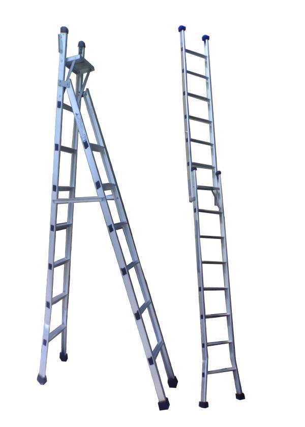 AQPC MODEL No: 1015 “AQPC” ALUMINIUM Stool Cum Straight Folding Ladder (Convertible) made out of Extruded, Tested Quality Hindalco make ALUMINIUM Section of size:- • 66mm x 31mm x 3mm thick approx. • Special steps of size 63mm wide with platform at the joint of the ladder completed with four rubber shoes at the both ends top and the bottom to make the ladder non slippery. • This ladder can be use as a folding stool as well as straight ladder. AVAILABLE IN ALL SIZE FROM 4ft TO 36ft