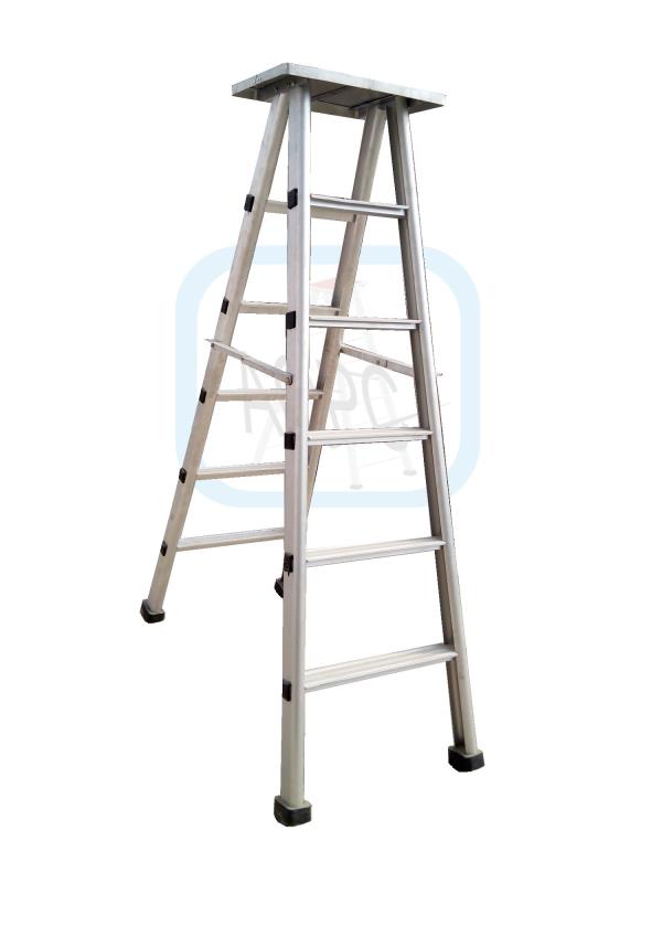 AQPC MODEL No: 1017 “ AQPC” ALUMINIUM general purpose standard folding ladder made out of Extruded, Tested Quality Hindalco make ALUMINIUM Section of size:- • 66mm x31mm x3mm thick approx. • with steps made of ALUMINIUM Fluited pipe of 25mm(1”) dia approx. • At required distance of 12” apart on one side and supporting side also made of aluminium Section of the above size having steps made of 25mm (1”) dia approx.• Aluminium fluited pipe AT ALTERNATE DISTANCE to make the Ladder strong and sturdy with servicemen’s platform at the top and rubber shoes at four legs bottom ends to make the ladder non-slippery and durable. • Width at top is 300mm (12”) which increasing towards bottom depending on the Size/Height of the Ladder. AVAILABLE IN ALL SIZE FROM 4ft TO 20ft