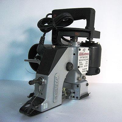 “Abhistron” Make Portable Single Needle Bag Closure Machine with Manual Oiling Facility. Model-DSpecifications:Power Requirement: AC/DC Motor: 1/10 HP, 8000 RPM 220 Volt, 1.5 AmpsSewing Speed : 1600 - 1800 Stiches/MinuteType of Stitch : Federal Stitch Type Single Thread Chain StitchStitch Length : 3.25 to 3.75 Stitches per Inch(2.54 mm)Type of Bags : All Kinds of Multi-Wall Paper, Kraft Paper, Burlap, Cotton, PP/PE, Hessian, Woven Polypropylene Bags etc.Needle : DB x 1 200/25Lubricant :Manual OilingWeight : 6 Kg 400 Gms Approx (Including Thread Cone)Dimensions : 17” W x 11” D x 14” H (i.e. 44 cm x 29 cm x 36 cm)