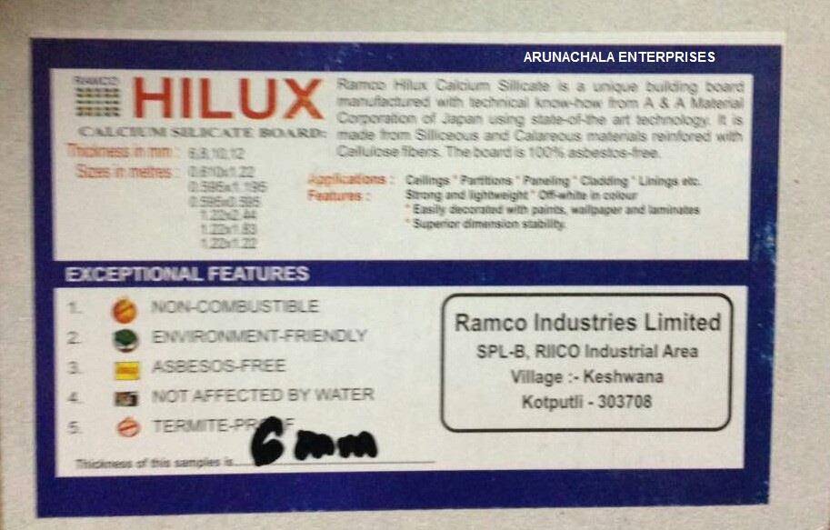 We are authorized dealers RAMCO CALCIUM SILICTAE BOARD 6mm in chennai.Hilux Calcium Silicate Board is made of calcareous and siliceous materials, reinforced with fibers. It is cured under high steam pressure and temperature to provide a stable, strong crystalline structure. Hilux Calcium Silicate Board is a top-notch, contemporary building material manufactured in Ramco’s two state-of–art plants in the country using the revolutionary HSPC technology, ensuring quality, durability and consistency. That’s why Hilux is a preferred material Calcium Silicate Board Dealers among the discerning architect and interior fraternity and with a wide spectrum of end-users as well. 
