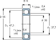 Principal DimensionsInside diameter: 30mmOutside diameter: 55mmWidth: 9mmBasic Load RatingsDynamic: 11.9knStatic: 7.35knSpeed RatingsReference speed: 28000 r/minLimiting speed: 17000 r/min