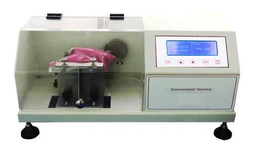 Downproof Tester : Application Downproof Tester, To determine the downproof capability of fabric used for downgarmet, quilt etc, which are full with down, feather and fibers.Take an agreed size specimen from the fabric to be tested to sew a pocket at specified size , fill with a certain Weight of down, feathers or a mixture of both, then sew the fabric up to be a testing bag. Clamp the both sides of the bag in the holder. After test to determine the downproof ability of the fabric by calculating the number of down and feathers through the fabric Specifications Fixture space: 44 ± 1 mmEccentricity: 25 ± 0.5mmSpeed: 135 r / minSample size: 140 x 420 mmCushion size: 120 x 170 mmTest times: 2700, settableCounter: 0 to 999,999 times Standards : BS 12132, EN 12132-1, STS 47 Power 220 /110 V 50/60 Hz 2 A Weight 25 Kg Dimensions 400x270x190 mm(LxWxH)