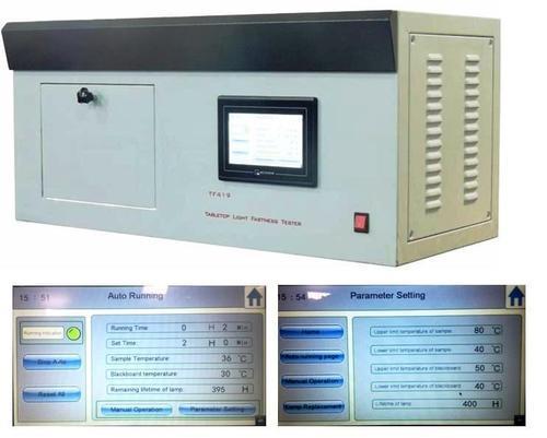 ApplicationTabletop Light Fastness Tester is a power ful Xenon instrument with affordable price for conducting accelerated tests of light fastness and photo stability test.The TF420 is designed as a tabletop unit with a microprocessor controller for simple operation.Specificationl Microprocessor control with large LCD displays data and Irrandiance wavelenth curve.l Air cooled Xenon lamp with 1.5KW measure, control and display of irradiance energy form 250 to 765 W/m2 in 420 nm.l Measure, control and display of black panel temperature (BPT / BST) from 9 to 90???.l Measure and control temperature relative humidity of test chamber, and displayed on large LCD.l Setting and display the cumulate light energy and xposure time.l Record the using time of Xenon lamp.Speciment talbe with 200 x 280 mm exposure area.Standards AATCC16Power 220 V 50 Hz 4 KWWeight 48 KgDimensions 800 x 460 x 480 mm (L x W x H)