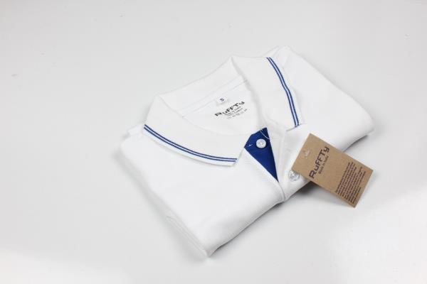 White Ruffty T Shirt, 100% cotton, blue tipping on collar and cuff