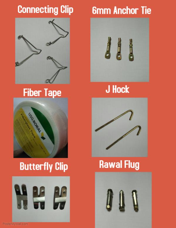 We are one of the authorized Dealers Of All False Ceiling Accessories  In Chennai.CONNECTING CLIP, RAWAL FLUG, 6MM ANCHOR TIE, L-CLAMP, BUTTERFLY CLIPFIBER TAPE,PAPER TAPE, WOOD SCREW,YELLOW SCREW, SLEEVE, G I WIRE. Kindly Call us for more information regarding this Product and Best Price.