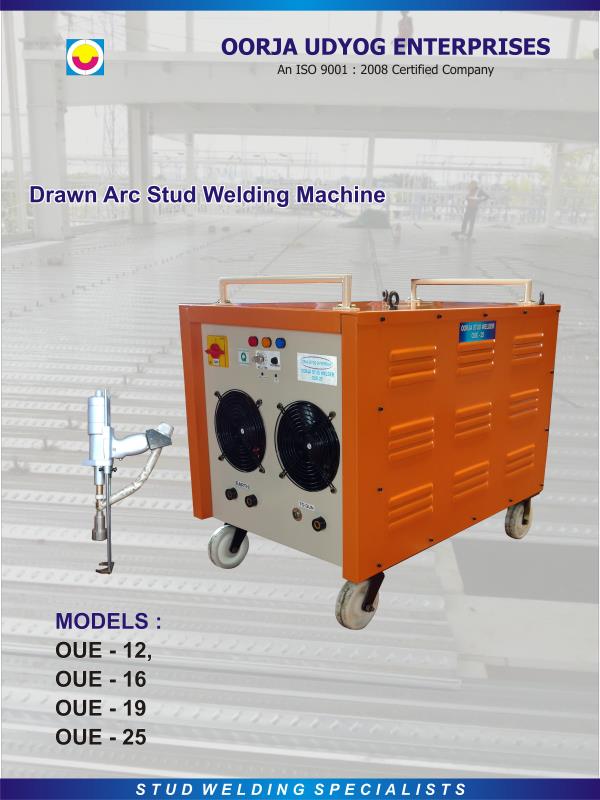Drawn arc stud welding is a process by which a metal stud is joined to a metal work piece by heating both parts with an electrical arc. It permits strong, one-sided welds on base metals with thicknesses starting at 8 mm and produces welds in as little as 2500 millisecond. This method provides highly reliable fastening for a wide variety of applications and allows almost any size or configuration of a metal stud to be welded quickly to a work piece, while providing maximum weld penetration and reliability. Range & Model: • Weld Stud range from 3mm to 25mm• Models – OUE – 8, OUE –12, OUE –16, OUE –19, & OUE –25 Advantages of Drawn Arc: • High Weld strength – full cross-sectional weld. The bond is stronger than surrounding metal.• Filler material is not required therefore saving cost.• The one-sided fastening process permits greater design versatility• Increased productivity• Economic advantages- Savings on labor and fabrication costs• Simple in operation.Semi-skilled person can also do welding. Applications:• Construction – bridges, building, conduit & piping• Automotive• Furniture• Metal products• Industrial• Shipbuilding• Electrical & Electronic enclosures