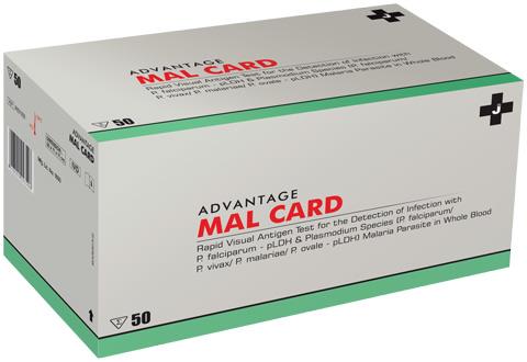 FEATURES:-    Infection free- See through Device based on pLDH antigen Malaria parasite in whole blood    Excellent Sensitivity & Specificity as per WHO Malaria RDTs Evaluation.    Longer shelf life of 24 months at 4-30° C.    Easy to interpret Colour Bands    Results within 20 minutes. USES:-ADVANTAGE MAL CARD is a visual, rapid and sensitive immunoassay for the qualitative diagnosis of P.falciparum and other Plasmodium Species (P.vivax/ P.malariae/ P.ovale/ P.falciparum) based on pLDH antigen in human whole blood. 