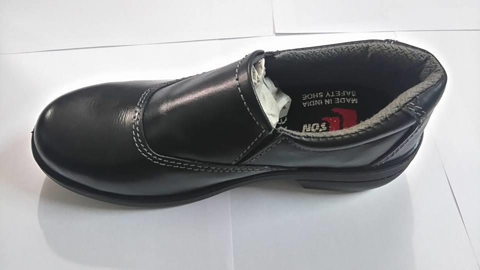 HI-DENSITY, PU OUT SOLE, 100% BUFF GRAIN LEATHER UPPER, WITH STEEL TOE CAP, ISI MARKED, CE MARKED, DGMSWITHOUT LACES(SLIP ON TYPE).MRP- Rs. 929