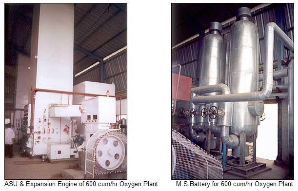 The SANGHI-ORG Oxygen Plant, is safe and economical to operate. It comes with an efficient expansion engine, which lowers the operating pressures remarkably to as low as 32-35 kg/cm2 and also cuts down power consumption.A Molecular sieve Battery drier unit for separation of moisture and carbon dioxide is another money-saving device in the SANGHI-ORG plant. It removes acetylene and other hydro-carbons from the process air, thus eliminating the need for separate acetylene absorbers, and moreover it eliminates recurring caustic soda costs.The SANGHI-ORG Oxygen Plant is capable of simultaneously producing high purity Oxygen Gas and Nitrogen Gas. It also has an internal compression Liquid Oxygen Pump to fill dry gaseous oxygen in cylinders.We also undertake supervision of Installation and Commissioning of the SANGHI-ORG Oxygen Plant.Description of Sanghi Overseas Oxygen PlantThe free atmospheric air is sucked in by a multi-stage air compressor through a filter and compressed to the working pressure. After each stage, intermediate coolers and water separators are provided. The compressed air then passes through the (evaporation) pre-cooler and then to the molecular sieve battery where the moisture and carbon dioxide are removed from the process air. It then passes through the exchanger No. 1 where it is cooled by the out-going waste nitrogen and product oxygen.A part of this cold air then flows through an expansion machine and the balance through the 2nd heat exchanger. The ratio of the two air streams is controlled by an expansion valve, RI.Both these streams of air then unite in the lower pressure column where it partially liquefies.The liquid air (rich air) then passes through the expansion valve R2 to the upper column which is at a lower pressure than the lower column. Similarly the liquid nitrogen (poor liquid) travels from the lower column to the upper column through an expansion valve R3 where the separation of oxygen and nitrogen occurs. Nitrogen being more volatile passes out as a gas from the top of the column and this waste nitrogen flows through both the heat exchangers cooling the in-coming air. Similarly product oxygen is also passed through the two heat exchangers to cool the in-coming air and then to the filling manifold via a liquid pump. If a small amount of air is vented out from the upper column, higher purity nitrogen can also be obtained from this plant. R4 Valve is provided in order to fasten cooling during start-up. 