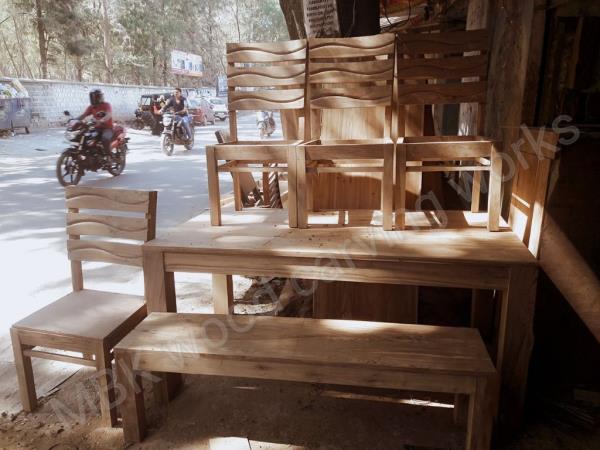 Teak Wood dining table is a good quality best design simple dining table set big table size 65 inch length and width 36 inch and banch size 52 length 14 width and 4 chairs best quality wood only order for ready with police finest with cushion