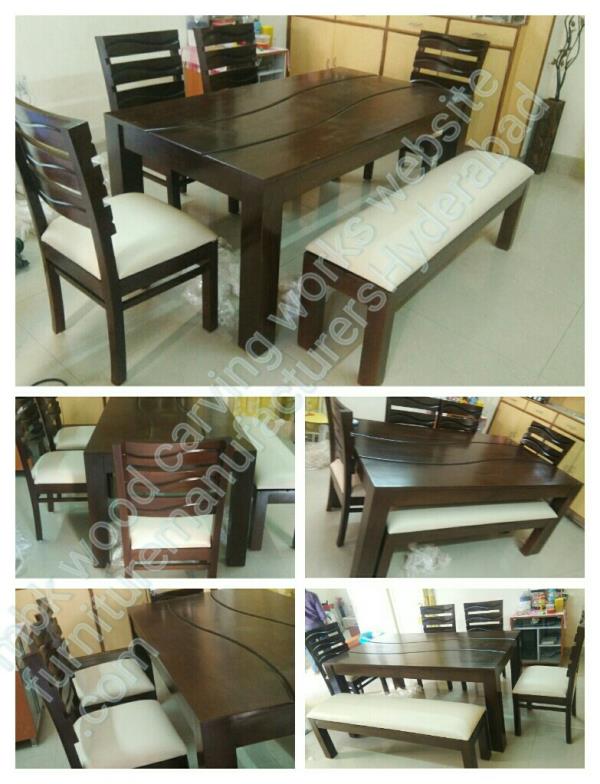 Good looking dining table set simple design walnuts polish color 1 bench 1 dining tables and 4 chairs best Indian solid teak wood kushnig reagsen leather only for orders to ready