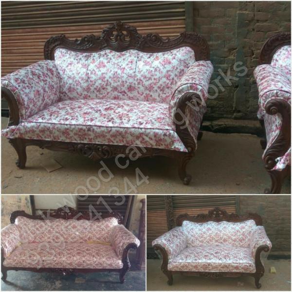 Teak Wood sofa set 3+1+1 polish kushnig carving design order first ready to after 20 to 30 days time
