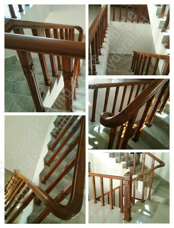 Best Indian African teak wood staircase railing duplex Villa best and simple design natural teak wood color size 2 inches by 2 inches height 3 fet hand rail 4 x 3 inches with polish finest natural colour teak color walnuts color fitting and fixing all labor materials included nice model staircase price per running fet 2500