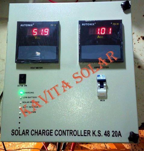 Solar Charge Controller 48V-20A ManufacturerKavita solar Offer a wide range of Electronic SPV Charge Controllers / Regulators with standard and custom built versions. The Standard modelgenerally conforms to MNRE specifications.Key Features :• Affordable• Safe, efficient and reliable • Easy to install • PWM Charging • Temperature Compensation • Dusk to Down Feature-(Optional)• As per MNRE Specification• Micro Controller Based High efficiency electronicsGeneral Specifications and Features:Housing material : MSProvisionsFuseMCBDIGITAL PANEL METERLED indicationsBattery charging in processBattery Charged (Charging disconnect)Battery deep discharge (Load disconnect)Fuse BlownBATTERY REVERSESOLAR REVERSEVOLTAGE & CURRENTProtection options :Battery Reverse polarityBattery deep dischargeBattery Overcharge100% short circuitSurge/lightningElectrical Specification:For Solar Charge Controller 48V-20ALoad disconnect battery voltage 44 ± 0.2 volts or as requiredLoad reconnect battery voltage 49 ± 0.2 volts or as requiredConstant Charging voltage 56.5 ± 0.2 volts or as requiredIdle current consumption Less than 5ma