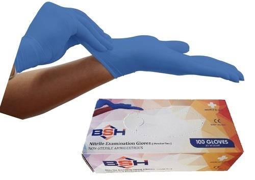 Specifications:Nitrile Disposable powder Free Gloves With CE certificateBlue Colour100 PCS/BoxBrand : BSH