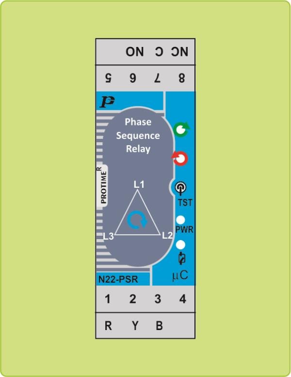 Protime's N22-PSR is designed with fool proof digital technology to monitor the Phase sequence of three phase System. When Phase Sequence of 3-ph. Supply goes wrong, relay changes its state after fixed time delay of 3 sec. It also indicates if any of the phase fails to Zero. It has indication for correct as well as wrong Phase Sequence. This relay is used for Phase to Phase Sensing. Auxiliary supply range is from 90 to 500V AC. It can work even in any one phase fail condition. For more technical data please refer BROCHURE section (DS N22-PSR)