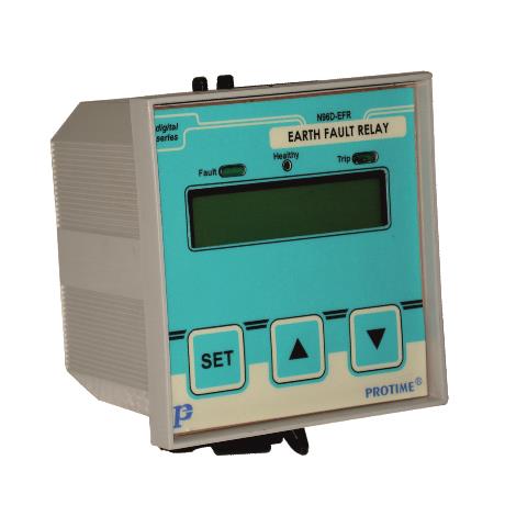 Protime's Digital Earth Fault relay monitors the current flowing through the circuit continuously through secondary of CT / CBCT which is in the current path. When current signal goes out of the range selected , the relay status will change .The relay checks CT/CBCT for its healthiness first & then starts monitoring fault current. The relays are provided with time delays . The C. T./CBCT is connected in earth fault current path. For e. g. Cable connected between Alternator neutral &ground, or Neutral of the circuit, or if CBCT is used it is connected to pass all 3/4 wires to pass through it to measure fault current. Digital EFR has a facility for user to program AUTO/MANUAL RESET and NORMAL/FAIL SAFE TRIPPING of relays. Also it has connectivity of RS232/485 as an additional option. For more technical data please refer BROCHURE section (DS N96D-EFR)