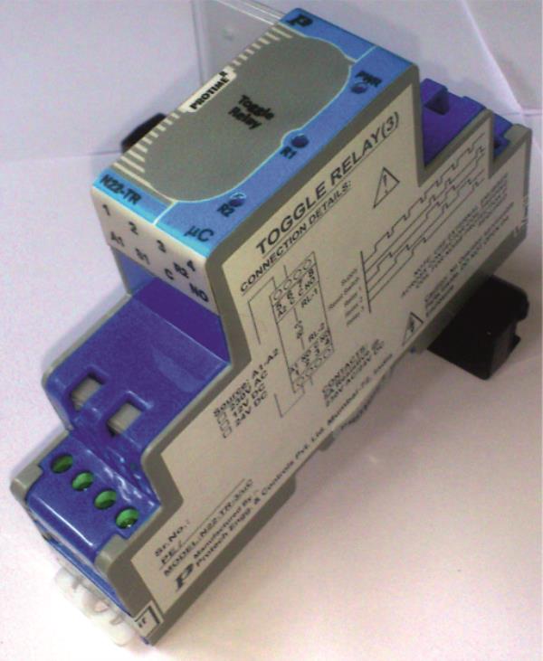 PROTIME’s N22-TR is tailor made solution for toggling the load or sharing the Loadamongst the redundant equipments. It has two outputs, which toggles alternatively ongetting external potential free command. Thus is an ideal & simple solution for automation panel boards. For more technical data please refer BROCHURE section (DS N22-TR)