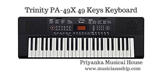 Trinity presents this 49 keys keyboard which is black and white in colour and made of PVC fiber. It has various functions like key transpose, lesson function, indian rhythm kit, live programming, memory banks, sustain, vibrato, chord tone and accomp volume. the size of this keyboard is 86 cm x 12 cm x 33 cm and it weights 5 kg.