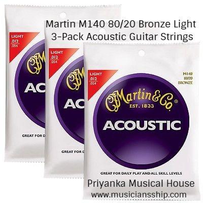 Check out this affordable 3-pack of Martin's quality light acoustic guitar strings. Martin M140 Light Acoustic Guitar Strings have an 80/20 composition for brilliance, clarity, and longevity of sound. The Bronze winding alloy makes guitar strings have deep, rich basses and clear, bright trebles. The Martin M140 acoustic string pack comes with Martin's high-quality guitar strings for daily use. Core and wrap wires meet strict requirements that make the grade because Martin guitar strings are wound to precise specifications. Gauges: 12-16-25-32-42-54