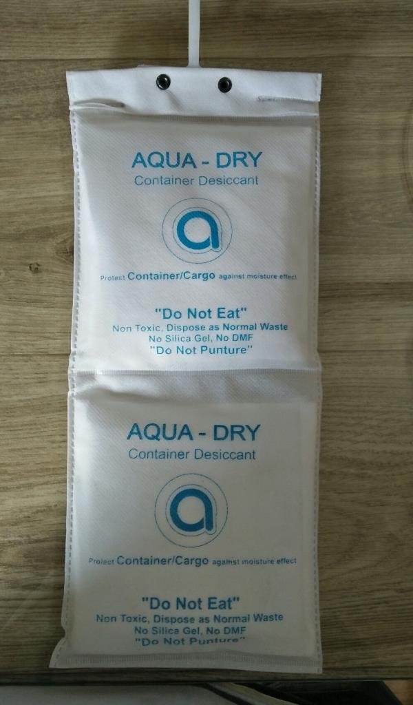 AQUA-DRY Container Desiccant is a specially formulated desiccant product by our R&D Department which is widely used in Container / Cargo to protect product damage from moisture effect. While shipping material by sea to foreign countries where surrounding atmospheric air contains high level of humidity / moisture which can cause growth of fungus, mold or corrosion, erosion, oxidative degradation of product. These can damage valuable product.Our AQUA-DRY Container Desiccant will give a very good and satisfactory result to this entire problem by putting 6 strip of 500 gm desiccant packet at all corner and middle in container.