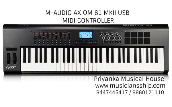 The Axiom 61 is an advanced 61-key USB mobile MIDI controller with semi-weighted action and assignable aftertouch. Eight rubberized trigger pads are ideal for creating drum tracks and firing samples. Nine sliders and eight endless rotary encoder knobs put you in total control of your software studio. There are also 15 MIDI-assignable buttons including six transport controlsâ€”assignable wheels, foot pedals and more. Programming is a breeze with dedicated front-panel keypad and backlit LCD screen. 20 memory locations store your setups and the free Enigma editor/librarian software lets you manage an unlimited number on your computer.FEATURES:61-key velocity-sensitive semiweighted action keyboard with assignable aftertouch8 MIDI-assignable trigger pads15 assignable buttons, including 6 transport buttonsCompatible with free Enigma librarian/editor for storing and organizing setupsIncludes Ableton Live Lite 4 music production softwareso you can make music right awayAVAILABLE AT PRIYANKA MUSICAL HOUSE WITH ONE YEAR WARRANTYPRIYANKA MUSICAL HOUSE IS AN AUTHORIZED DEALER OF M-AUDIO PRODUCTS.