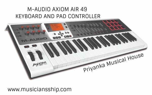 M-Audio Axiom AIR 49 is the 49-key version of M-Audio's AIR series of highly evolved keyboard controllers which feature exclusive Hyper control automatic-mapping technology and groundbreaking Ignite software from Avid to provide you with an instant, fully immersive music creation experience.FEATURES:49 expressive synth-action keys with aftertouch12 trigger pads respond to pressure and velocityRoll button aids in creating realistic drum partsAssignable controls offer front-panel programming8 rotary encoder knobs; 9 long-throw 70mm faders; 9 buttons3 banks of pad and knob assignments with color-coded illuminationHyperControl automatically maps controllers to popular softwareDrum Pad Learn feature and Identify button allow you to work quicklyDedicated transport and navigation buttons make recording easyOctave/Transpose buttons access the entire note range, in any keyAssignable pitch bend and modulation performance wheelsSelectable velocity curves to match your playing style128 memory locations for saving your custom settingsFunctional design provides backlit LCD plus under-keyboard cable routingClass-compliant with Windows XP, Windows Vista, Windows 7, Windows 8, and Mac OS XPower Jack for external power supply (9V DC, 500 mA, 2.5mm positive tip - not included)32