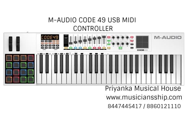 M-Audio Code 49 offers several thoughtful design touches that enable you to create and perform your best. A keyboard should not be an obstacle standing in the way of creativity.FEATURES:49 full-size, velocity-sensitive keys with aftertouch and four assignable zones for splits and layering.LCD provides instant parameter feedback8 assignable 360 encoders for manipulating your DAW, virtual instruments and plugins9 assignable faders lets you control your DAW, virtual instruments and pluginsFully assignable XY pad for HID control and a unique way for controlling multiple parameters in virtual instruments16 fully assignable velocity-sensitive trigger pads for beat production, clip launching, and more9 assignable buttons lets you assign keyboard hotkey and MIDI messages for controlling your DAW and Virtual InstrumentsUSB-powered with 5 pin MIDI in and out allows for sending MIDI from PC sequencers to your favorite analog synthMackie/HUI transport control enables for a simple setup with the most popular DAWsSustain and Volume pedal input for further creative controlIncludes Ableton Live LiteIncludes Hybrid 3.0 and Loom by AIR Music TechnologyAVAILABLE AT PRIYANKA MUSICAL HOUSE WITH ONE YEAR WARRANTYPRIYANKA MUSICAL HOUSE IS AN AUTHORIZED DEALER OF M-AUDIO PRODUCTS.