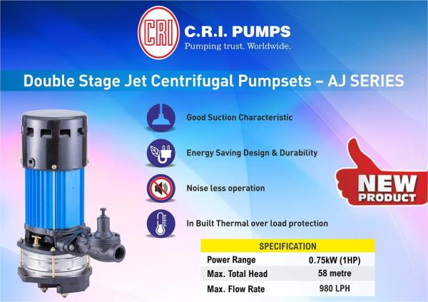 C.R.I. DOUBLE STAGE CENTRIFUGAL JET PUMPSET- AJ SERIES. Applications: Domestic water supply, gardens, farm houses, residential, civil applications the winding are of high grade enameled copper wire and varnish impregnated high performance and low temperature raise thereby increasing the life cycle of the motor constructions of motor frame  and usages of quality materials result in high performance and low temperature raise thereby increasing life cycle of the motor Motor stator is made of low watt loss ferro silicon steel laminationPressurized  water flow through the pressure pipe to the nozzle from the casing Packer type jet pumps is suitable the water flow through the tube well casing and enters the nozzle