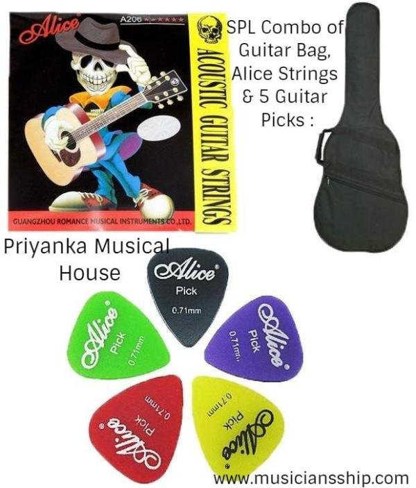 SPL Combo of Guitar Bag, Alice Strings & 5 Guitar Picks 