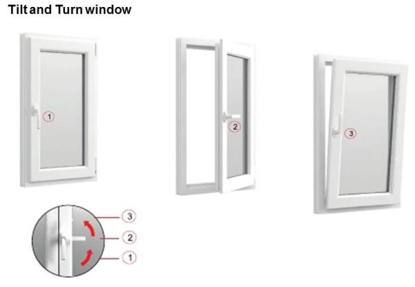 Tilt and Turn windows have a dual function - they can turn like a casement window or tilt like a bottom hung window. They can also open at the top with special hardware. The casement function allows for a 100% opening providing maximum ventilation. During rain, the tilt function prevents water coming in while still offering ventilation.Price per Sft is mentioned below:
