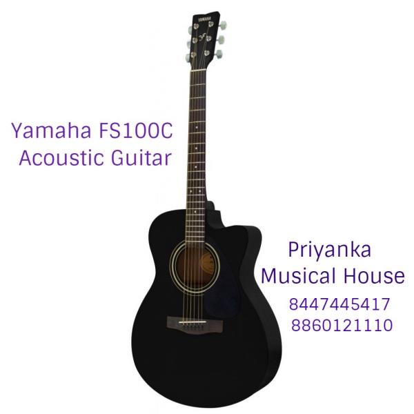 Yamaha FS100C Black Acoustic Guitar with spruce top, mahogany back & sides, rosewood fretboard, nato neck, sonokeling bridge, 20 frets.Top - SpruceBack / Sides - MahoganyNeck - NatoFretboard - RosewoodBridge - SonokelingFrets - 20Hardware - Open Chrome TunersFinishes - Black GlossAVAILABLE AT PRIYANKA MUSICAL HOUSE WITH ONE YEAR WARRANTYPRIYANKA MUSICAL HOUSE IS AN AUTHORIZED DEALER OF YAMAHA PRODUCTS.