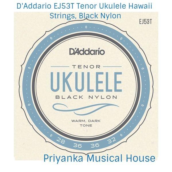 D'Addario EJ53T sets are designed for use with Hawaiian Tenor ukuleles. The 3rd string is a wound aluminum string complimented by a 1st, 2nd and 4th unwound string made from our warmest sounding black nylon. This set is optimized for standard GCEA tuning. The original ukulele offering from D’Addario, each black nylon string is carefully center-less ground to an ultra-smooth, ultra-precise final diameter for excellent feel and unparalleled intonation with a warm, long lasting acoustic tone. Optimized for Tenor Ukuleles tuned to standard GCEA tuningBlack precision rectified nylon ensuring that the roundness and dimension control of each string are unsurpassedPreferred for their warm and long lasting toneTenor Ukulele, Black Nylon, Aluminum Wound, Non-Ball EndString Gauges: Black Nylon .028, .036, .032 Aluminum .036