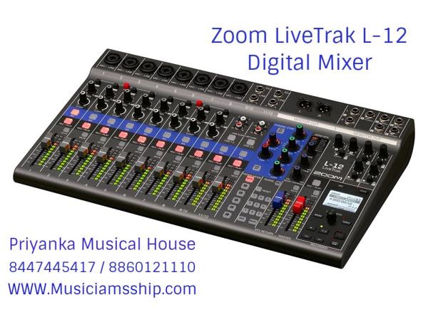 LIVETRAK L‑12Mix, Record, Monitor, Playback, and Remix12 discrete channels (8 mono plus 2 stereo) with XLR or 1/4-inch connectivity14-track simultaneous recording, 12-track playback14-in/4-out USB audio interface connectivity5 powered headphone outputs, each with a customizable and saveable mixAdd backing/click tracks from your computer to your live mix and recordingRCA and TS line inputs48V phantom power (channels 1-4 and 5-8)Hi-Z connectivity (channels 1 and 2)26 dB pad (channels 3-8)Built-in compression control (Channels 1-8)Digital level meters -48 dB to -0 dBMaster mute buttonLow-cut controlStereo panningMaster and Monitor Outputs A-EScene saving function, up to 9 scenes saved at a time16 built-in delay and reverb effects with adjustable parametersBuilt-in slate micClass-compliant mode (for iOS compatibility)SD card inputBuilt-in metronomeAutomatic recording starting/stopping capabilityProject protectionImport/export projects with USB 2.0 host portLatency adjustment for A-to-D conversionCompatible functions for ZOOM FS01 footswitchDimension : 445 mm (W) x 282 mm (D) x 70.5 mm (H)Weight : 2.53 KG