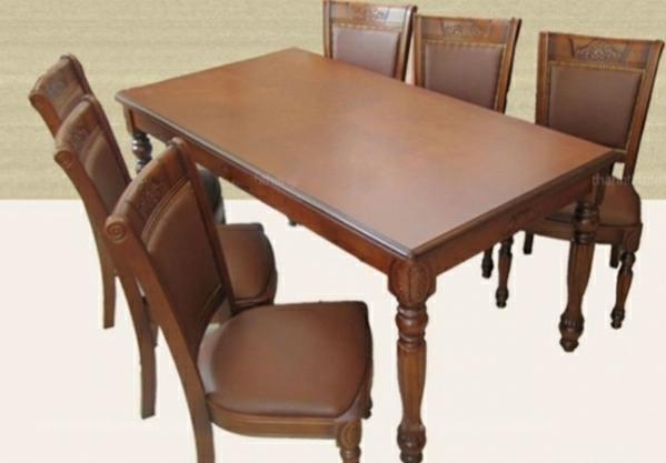 Best Teak wood dining table set light carving design model palne dining standard size 5x3 chairs sheet and back with cushion best fabric cloth and rexine polish finish natural color teak wood color and walnut color gold color roswood color this model only on order for ready time to work completely 15 days
