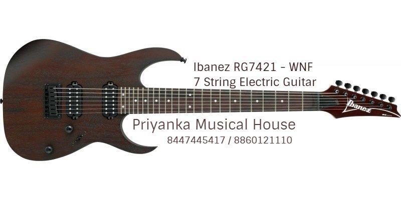 Ibanez RG7421 - WNF 7 String Electric GuitarThe RG is the most recognizable and distinctive guitar in the Ibanez line. Three decades of metal have forged this high-performance machine, honing it for both speed and strength. Whether you favor a hardtail (fixed) bridge or our industry-leading locking tremolo system, the RG is a precision instrument.SPECneck type	Wizard II-7 3pc Maple neckbody	Mahogany bodyfretboard	Rosewood fretboard w/White dot inlayfret	Jumbo fretsbridge	Fixed bridgeneck pickup	Quantum (H) neck pickup (Passive/Ceramic)bridge pickup	Quantum (H) bridge pickup (Passive/Ceramic)factory tuning	1E, 2B, 3G, 4D, 5A, 6E, 7Bstring gauge	.010/.013/.017/.026/.036/.046/.059hardware color	BlackNECK DIMENSIONS
