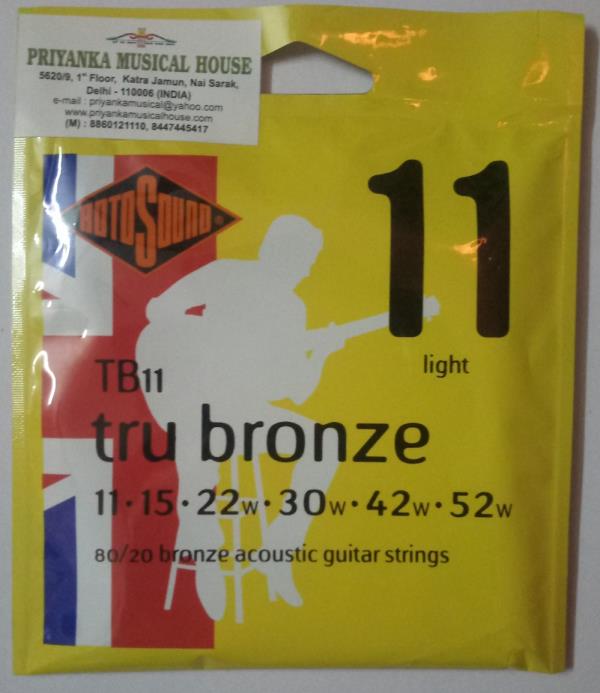 The 80/20 alloy still proving a popular serious alternative to the 92/8 category.The brass windings guarantee high energy transfer offering a tighter more controlled tone.Johns thoughts on his strings of choice…In my search for the clearest set of bronze strings, I tried some old Rotosounds in black and red packets that I had somehow managed to hang on to for years. They sounded really good, bright and well balanced but with a rich tone.The company were amused to hear that anybody should still have strings going so far back but assured me that, several packet designs later, their new strings were still the same quality. Rotosound bass strings have a high profile world-wide which may have overshadowed their guitar strings.James How, who founded the company in the fifties, engineered a new type of string-winding machine that was a step ahead of the industry and all the strings are produced to the same degree of precision.In addition to the phospher-bronze round wounds, Rotosound also make guitar strings in the piano string design.That is with the wrap wire stopping short of the ball end so that a section of the core wire is exposed and only the core wire comes into contact with the saddle. These strings are called ‘Country Gold’.It is actually an old idea and I have a feeling that the very first steel strings used on the guitar in the 1800′s were like that.The gauges for both types of string are 060 to 018 covered, and 026 to 008 plain.Please note: w denotes wound stringProduct Code E B G D A E  6 String Sets